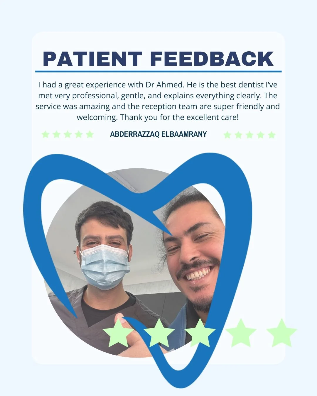 Another 5-star smile ⭐️
Thank you, Abderrazzaq, for the wonderful feedback! We&rsquo;re so glad you had a great experience with Dr Ahmed and our reception team.
Your trust means everything to us 🤍

#EliteSmileLivingston #PatientReview #FiveStarDenti