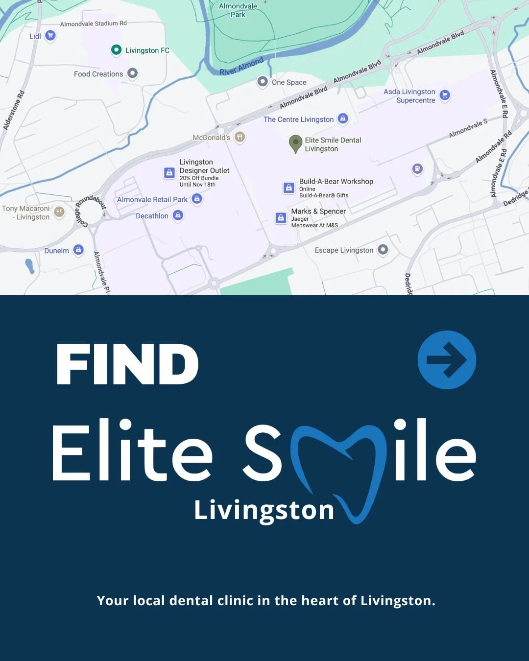 Finding your dentist should be easy 🦷✨
Elite Smile Livingston is conveniently located inside Livingston Designer Outlet, with simple access and plenty of nearby parking.

Whether you&rsquo;re visiting for a check-up, cosmetic treatment, or registeri