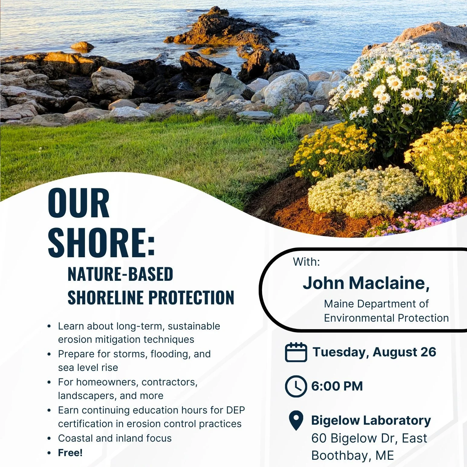 TODAY!

Join us and the Boothbay Region Climate Action Team for a free talk with the Maine Department of Environmental Protection&rsquo;s OUR SHORE program on protecting waterfronts using nature-based solutions for long-term resilience.

6 p.m. at @b