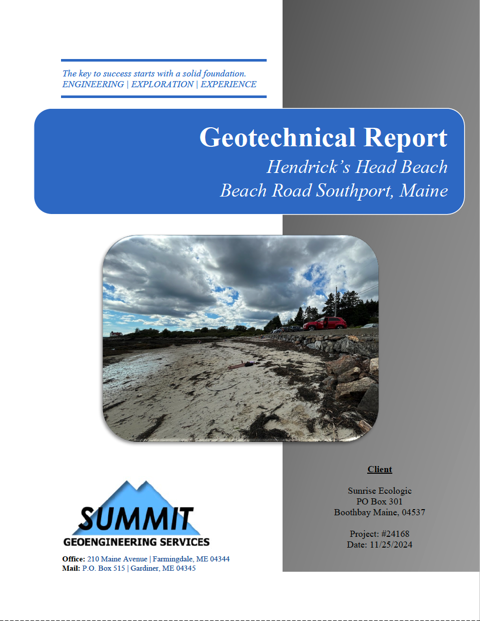 Cover sheet of Summit Geoengineering's Geotechnical report with a photo of Hendricks Head Beach and Seawall