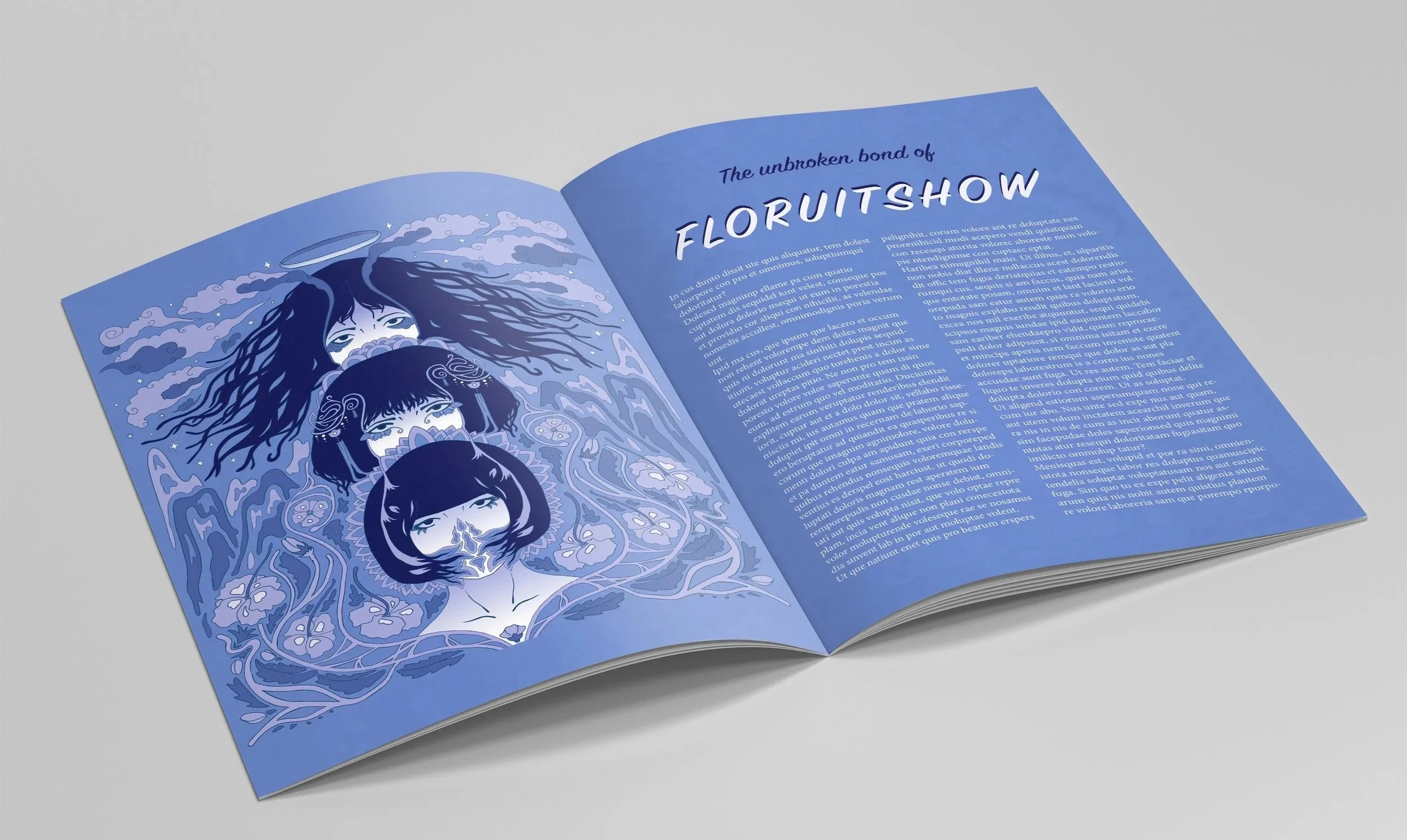 Open magazine with an illustration on the left page of three women with long dark hair, surrounded by clouds and floral elements, in shades of blue and purple. The right page contains text with the heading "The unbroken bond of FLORUITSHOW."