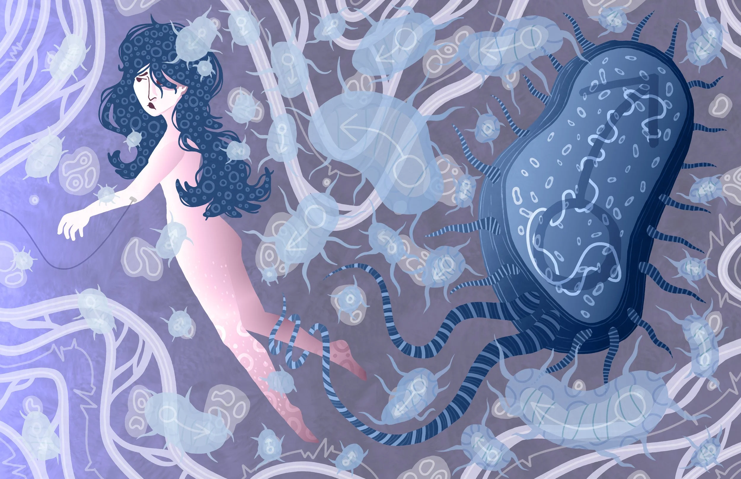 A digital illustration of a woman with long blue hair, surrounded by various microorganisms like bacteria and viruses, with a prominent large virus or bacteria on the right side.