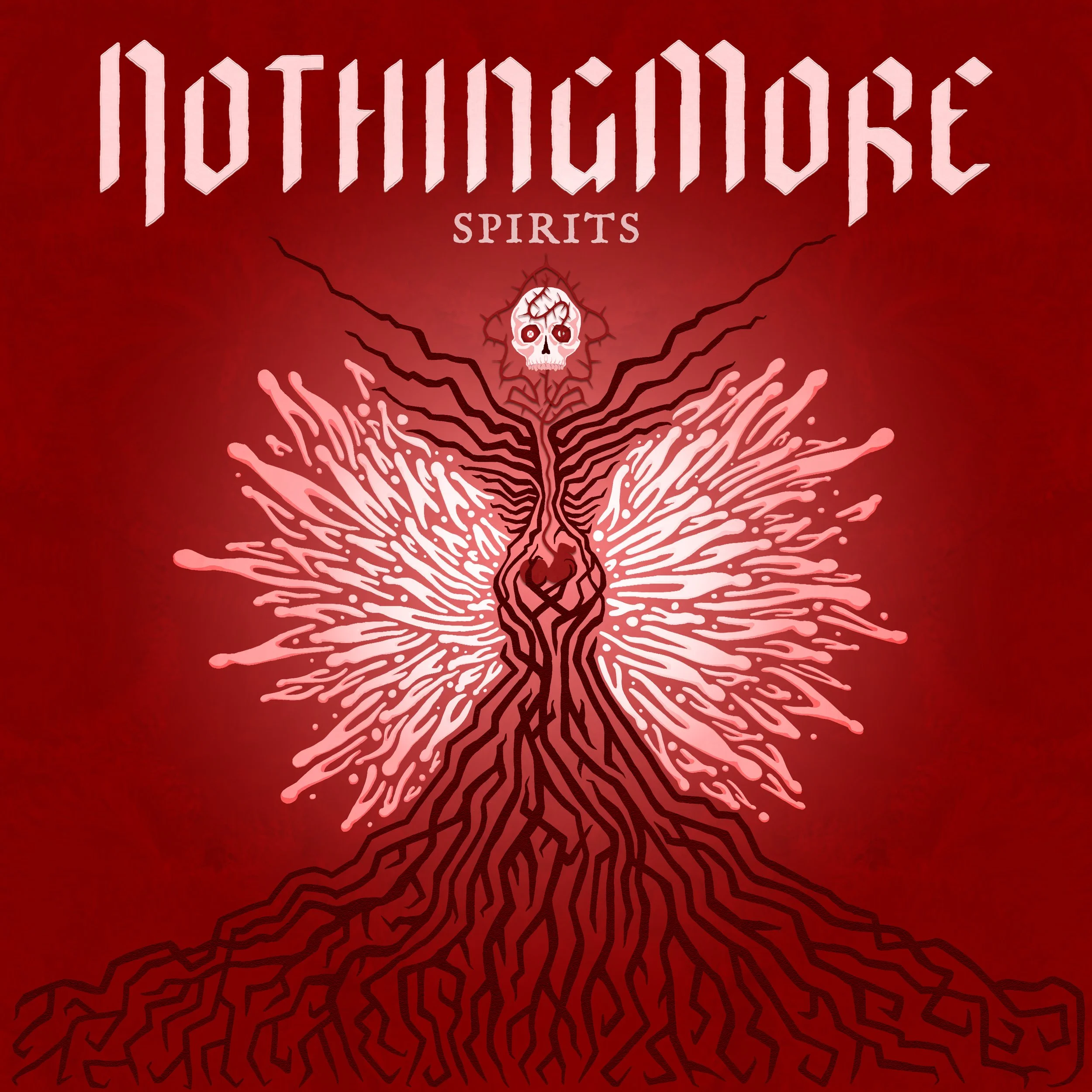 Red background with an abstract illustration of a tree that has a heart-shaped knot in its trunk, with branches and roots spreading out, and a skull with red eyes at the top. The words 'Potliquor Spirits' are at the top in stylized font.