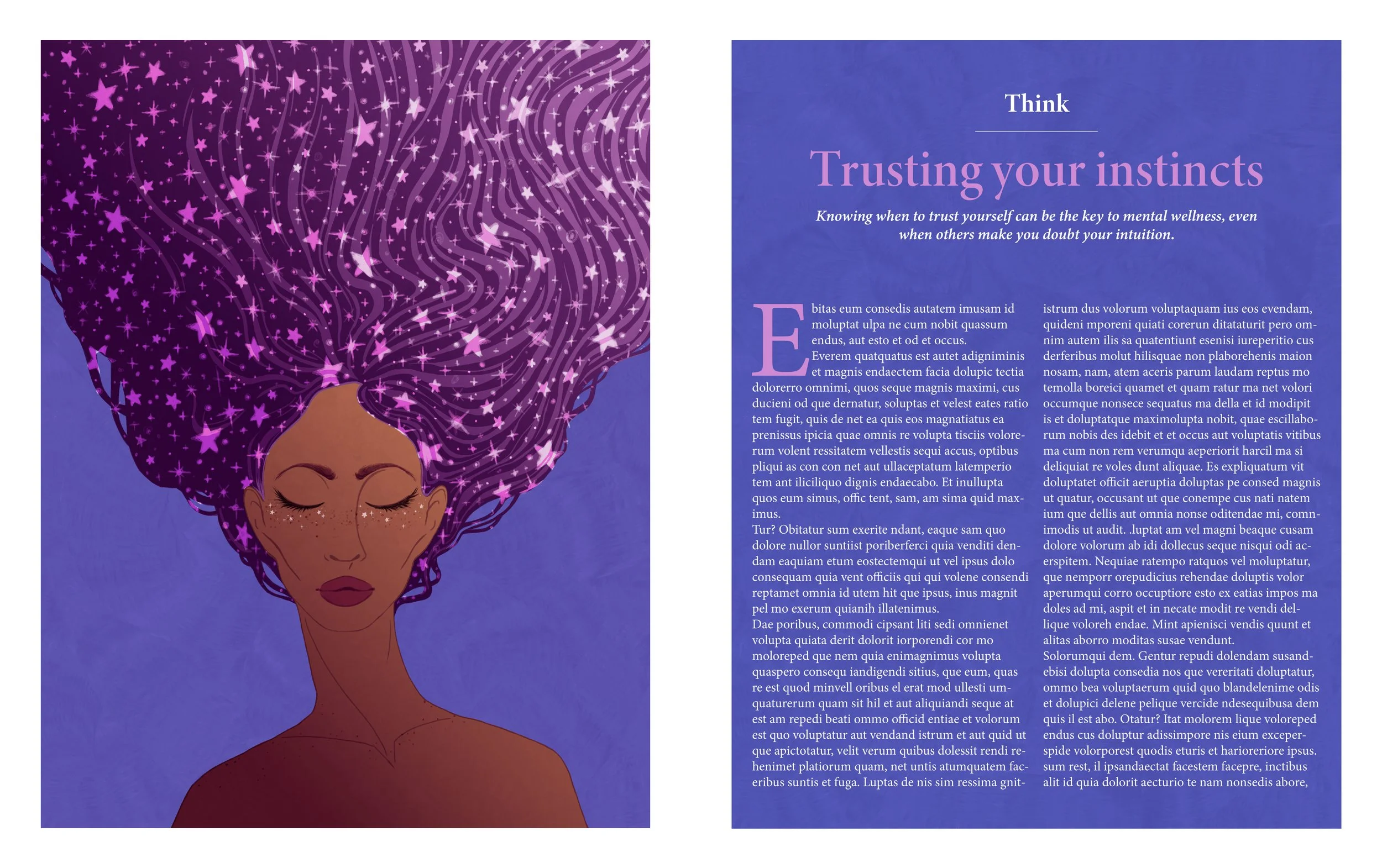 A woman with closed eyes and dark brown skin, with purple hair flowing upwards filled with pink stars and swirls, on a purple background.