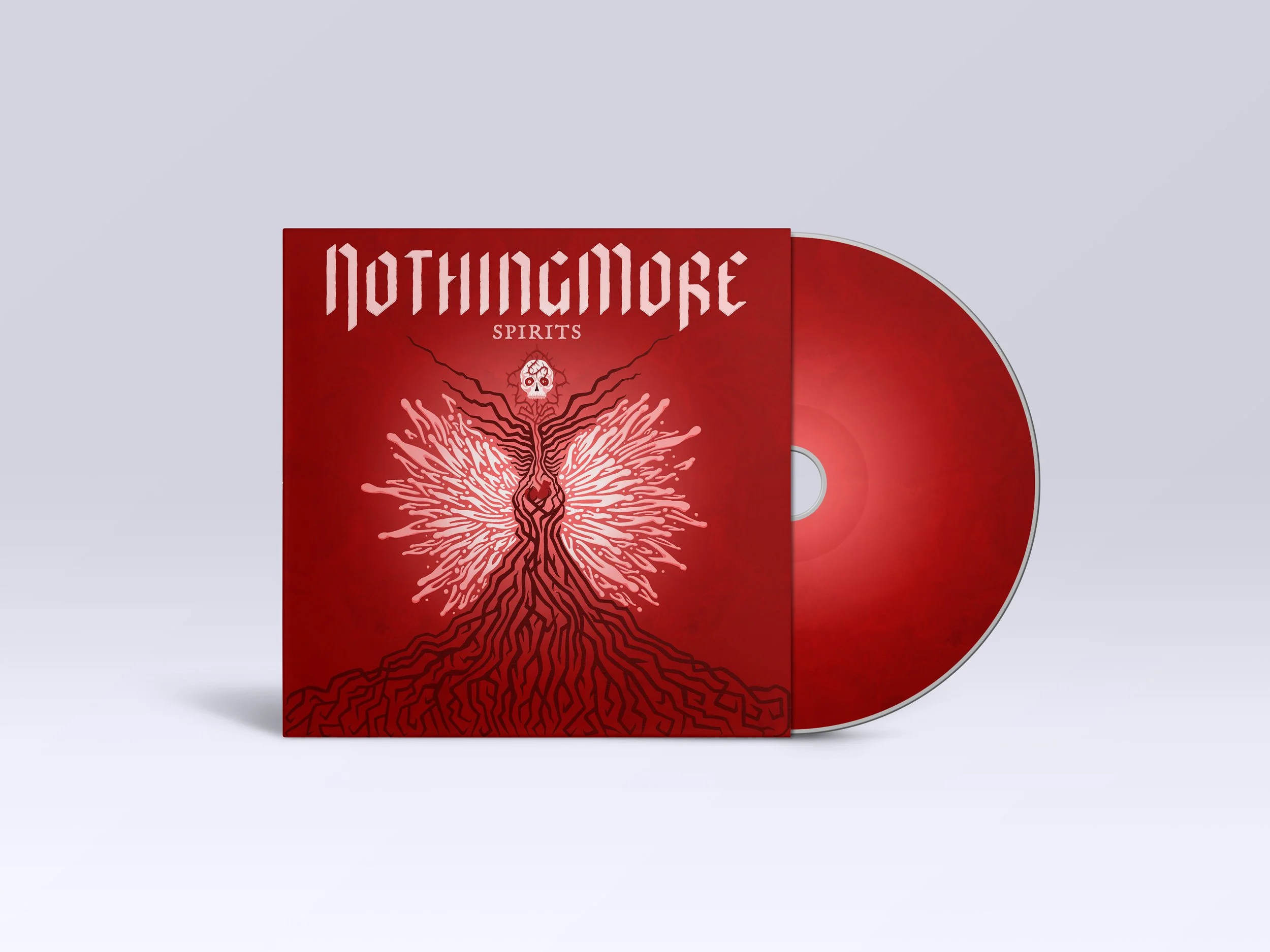 Album cover and CD of Nothing More's 'Spirits' with red background and an abstract design resembling a butterfly or insect with a skull at the top.