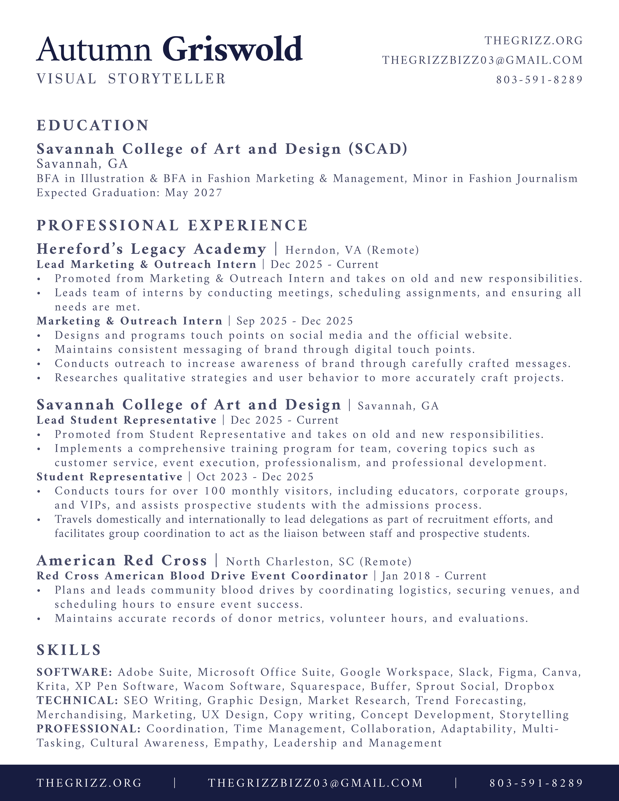 Resume or CV for Autumn Griswold, a visual storyteller, listing education at Savannah College of Art and Design, professional experience at Hereford's Legacy Academy, Savannah College of Art and Design, and American Red Cross. Skills include Adobe Suite, Microsoft Office, SEO, graphic design, and marketing.