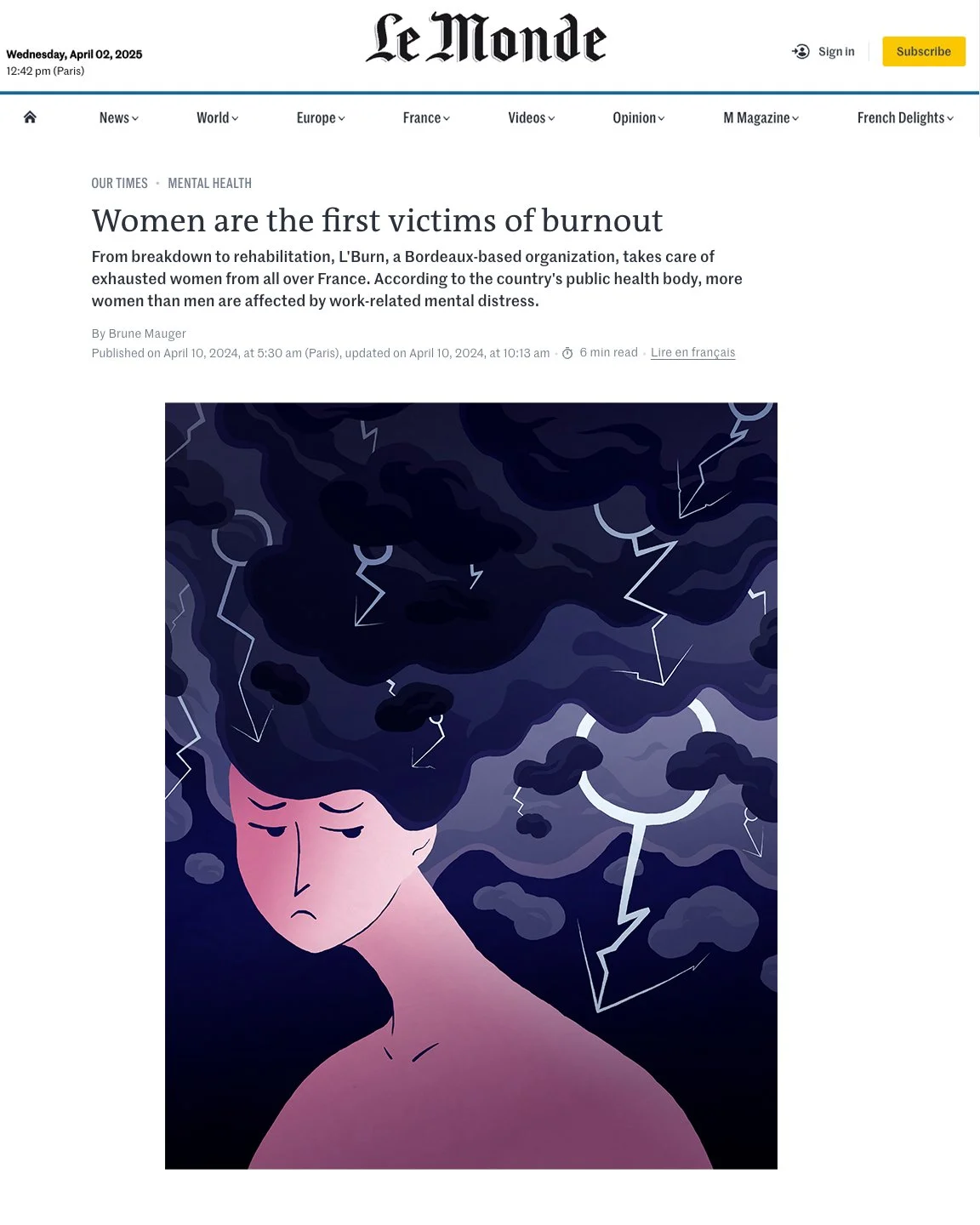 An illustration of a woman with dark, stormy clouds and lightning in her hair, looking sad or distressed.