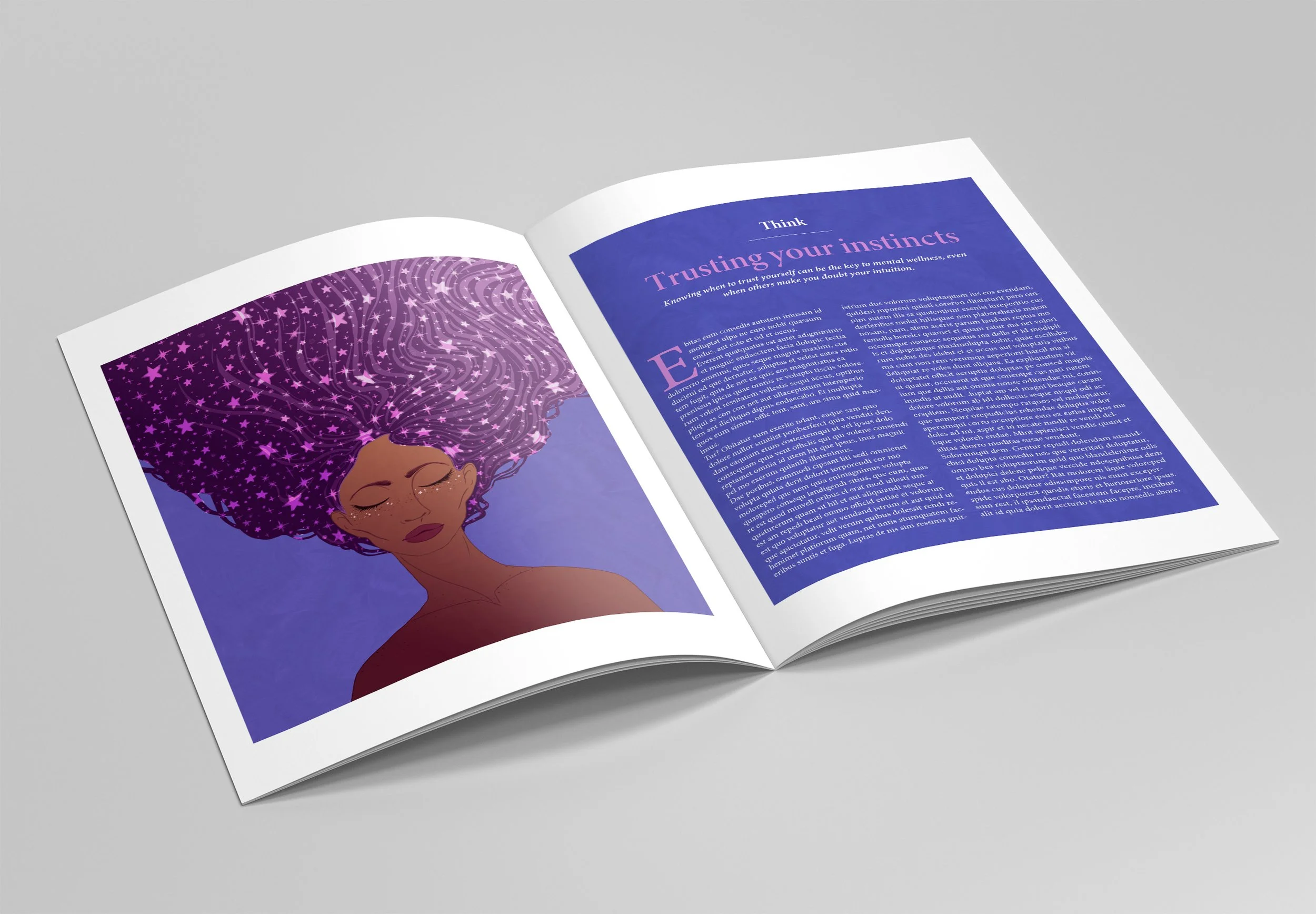 Open magazine featuring an illustration of a woman with flowing purple hair filled with stars, eyes closed, and a blue background page with an article titled "Trusting your instincts".