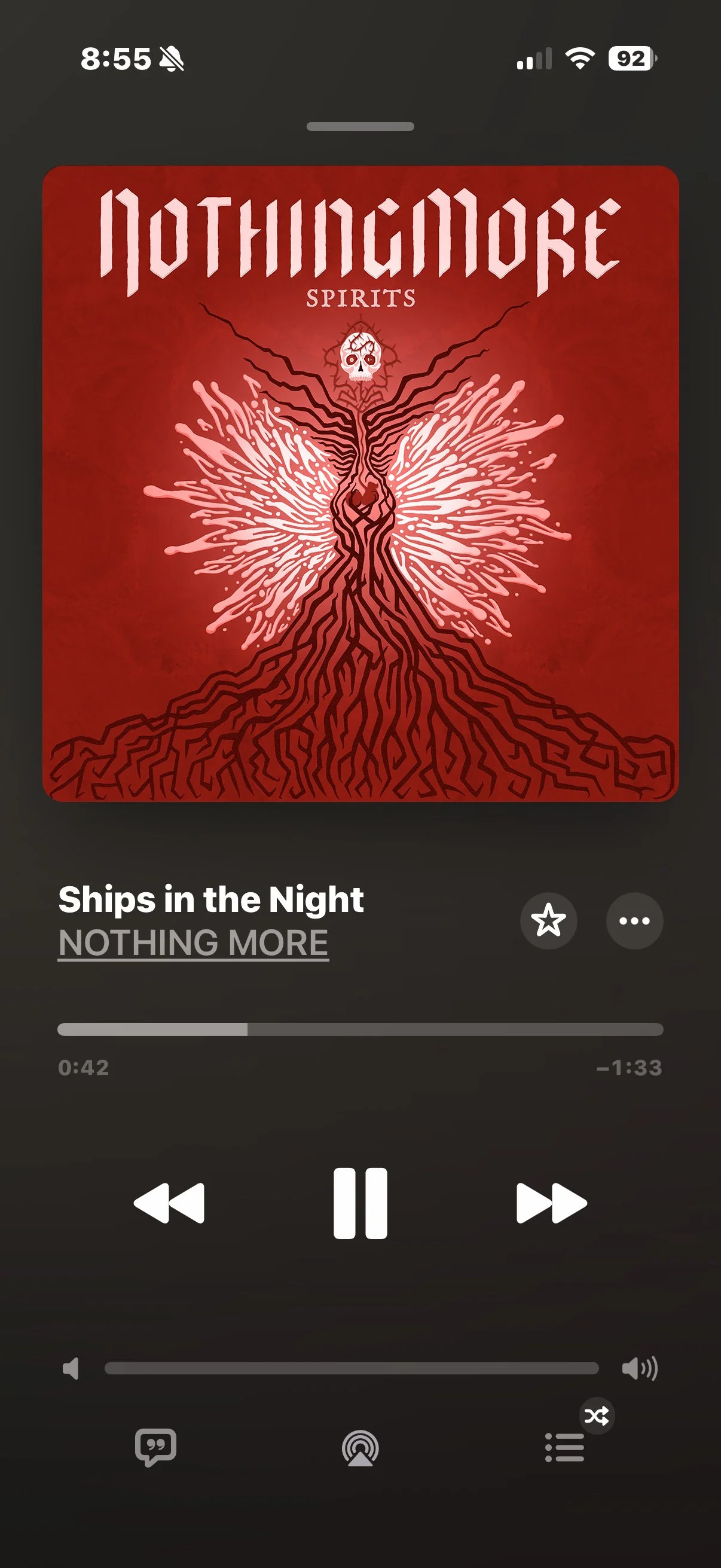 Album cover art with a red background, the title 'Nothingsave Spirits', and artwork of a tree with fingers and roots resembling a butterfly and a skull at the top.