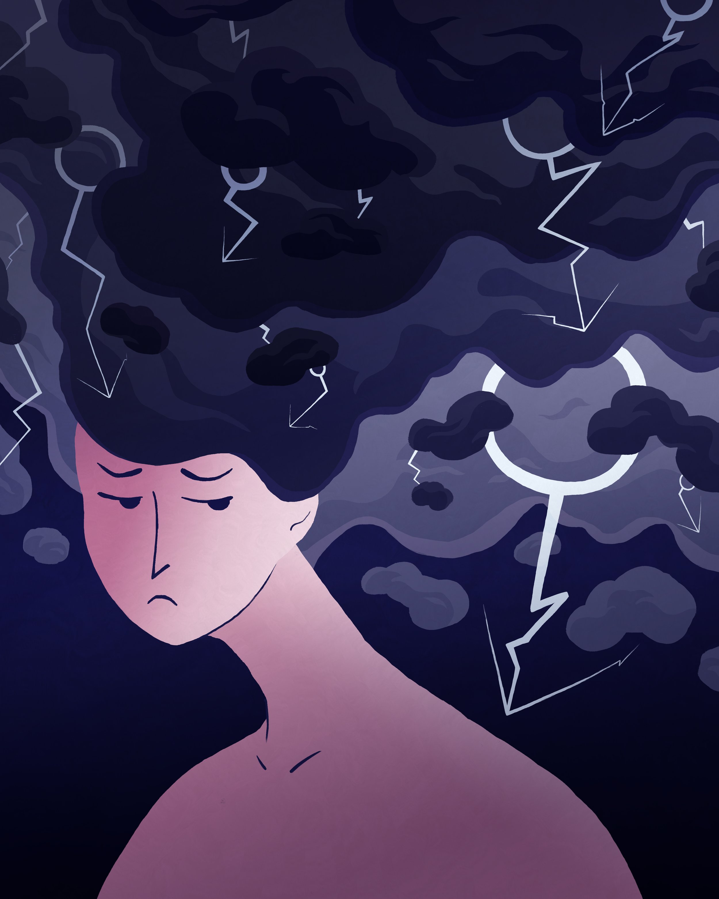 A person with a sad expression, with dark storm clouds and lightning in their hair, symbolizing a storm in their mind.