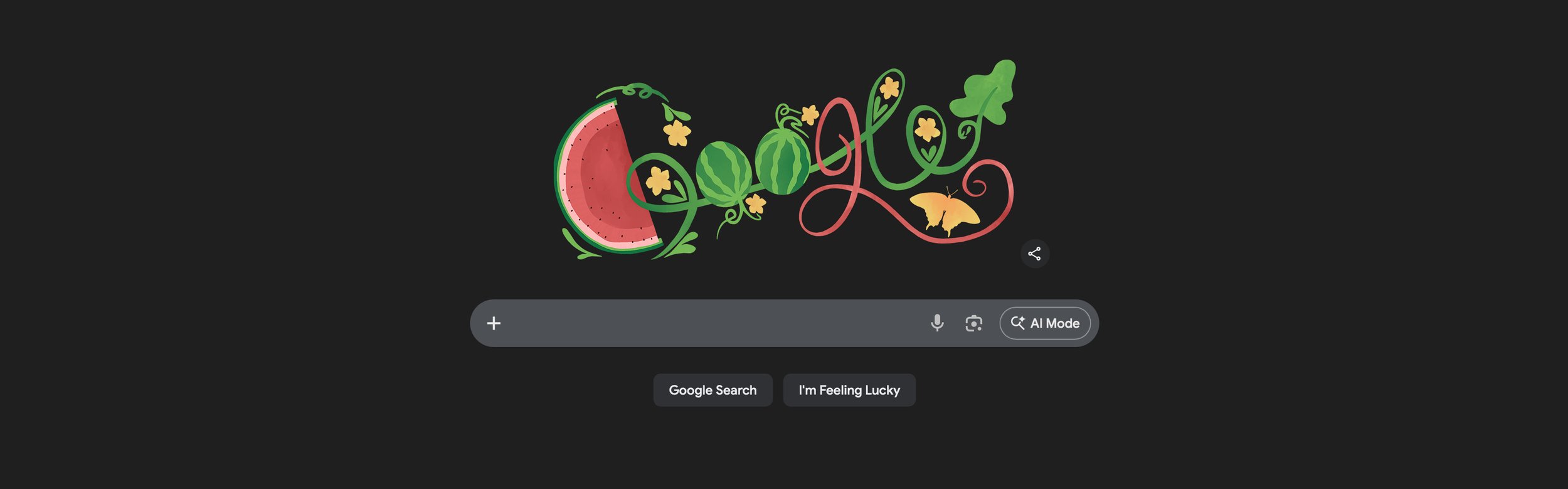 Digital illustration of a colorful watermelon slice and various plants and animals forming the word 'love' on a dark background.