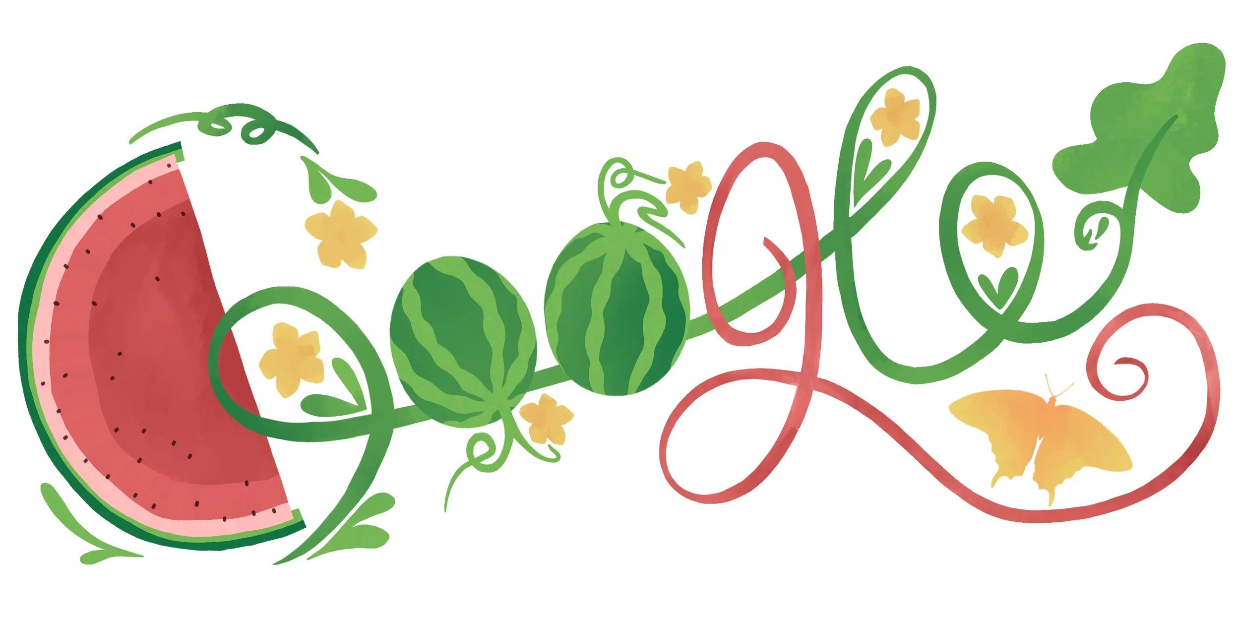 A colorful illustration of watermelon slices, small yellow flowers, green leaves, and a yellow butterfly, with the word 'fruit' written in decorative green and red cursive lettering.