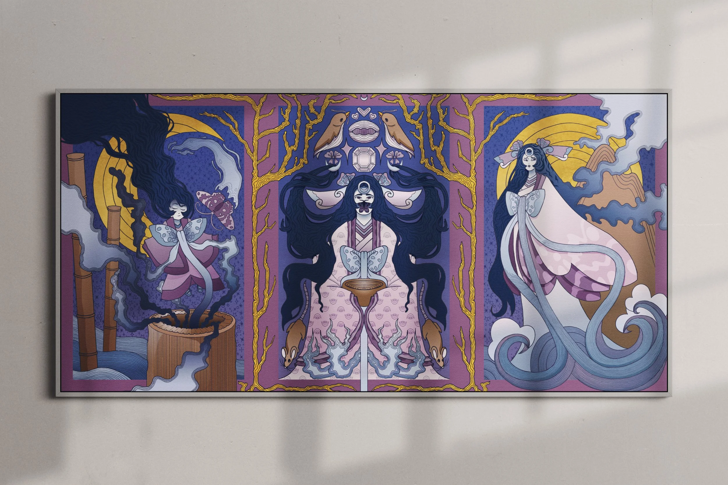 A triptych art piece with three stylized, mythical female figures in a fantasy setting, featuring swirling clouds, trees, and creatures in purple, pink, blue, and yellow tones. It is the story of the Bamboo Cutter and the Moon Child.