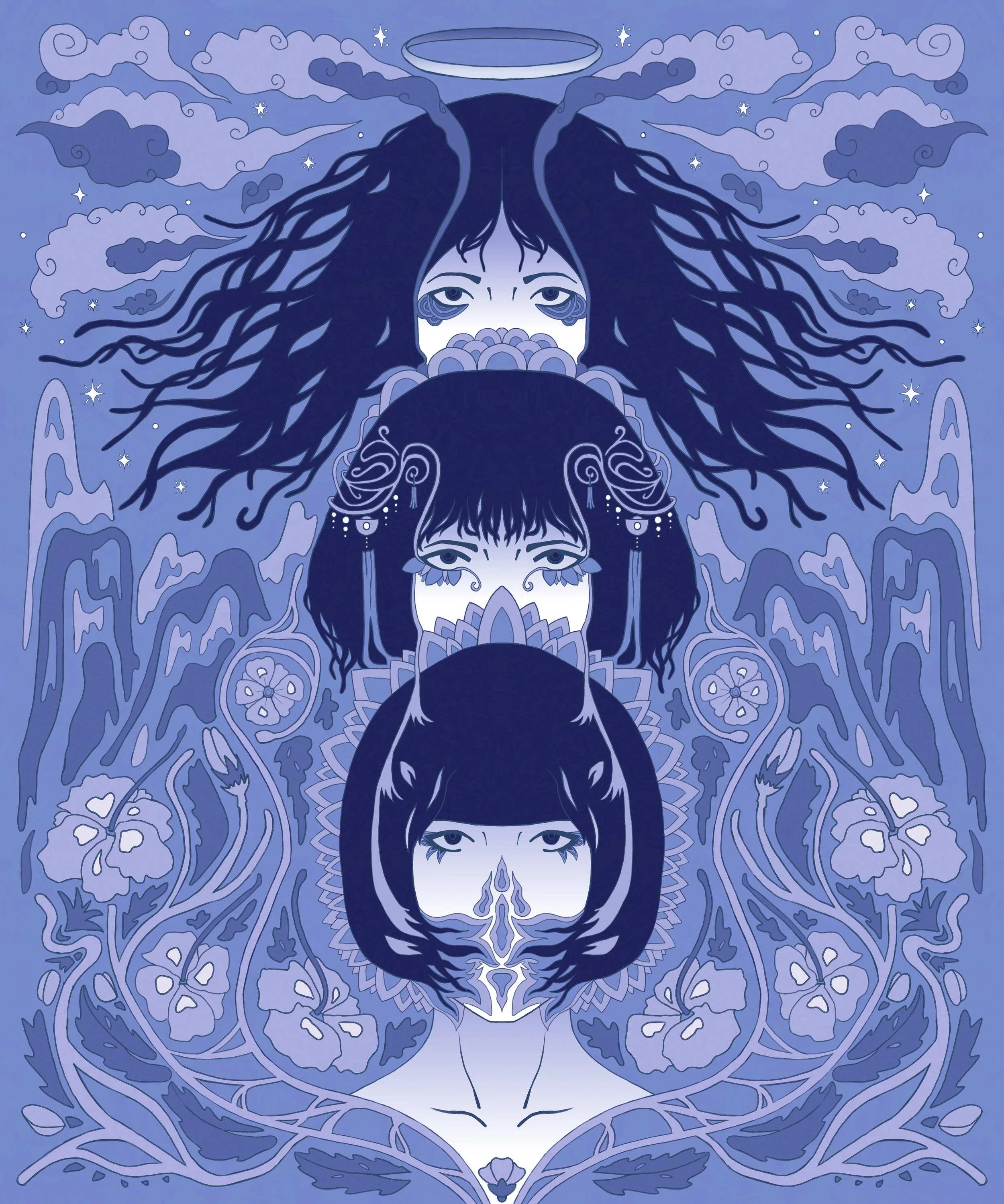 A symmetrical, stylized illustration of three women's faces, layered vertically with mystical and floral elements, surrounded by clouds, stars, and mountains, predominantly in shades of blue.