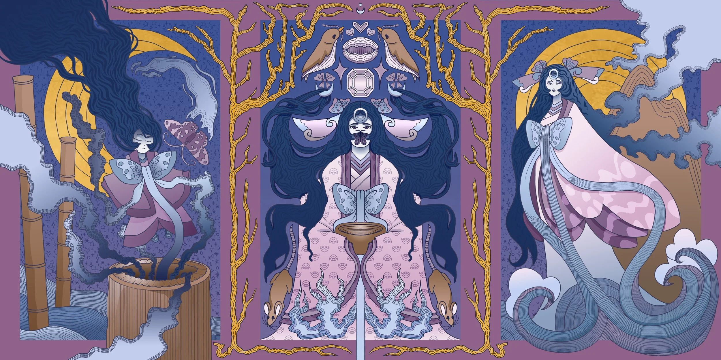 A symmetrical, fantasy-style illustration featuring two women with long dark hair, surrounded by mystical elements. The center woman wears a pink kimono with butterfly motifs and has a butterfly mask on her face, holding a small bowl. On either side 