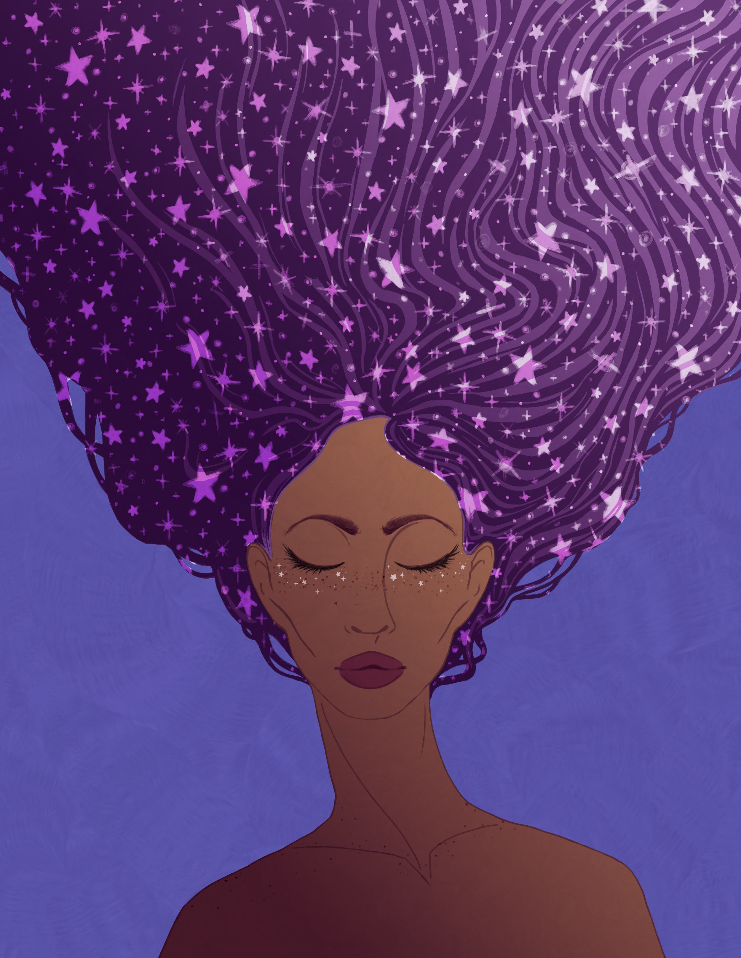 Digital illustration of a woman with closed eyes, freckles, and purple hair filled with stars and swirling patterns, against a purple background.