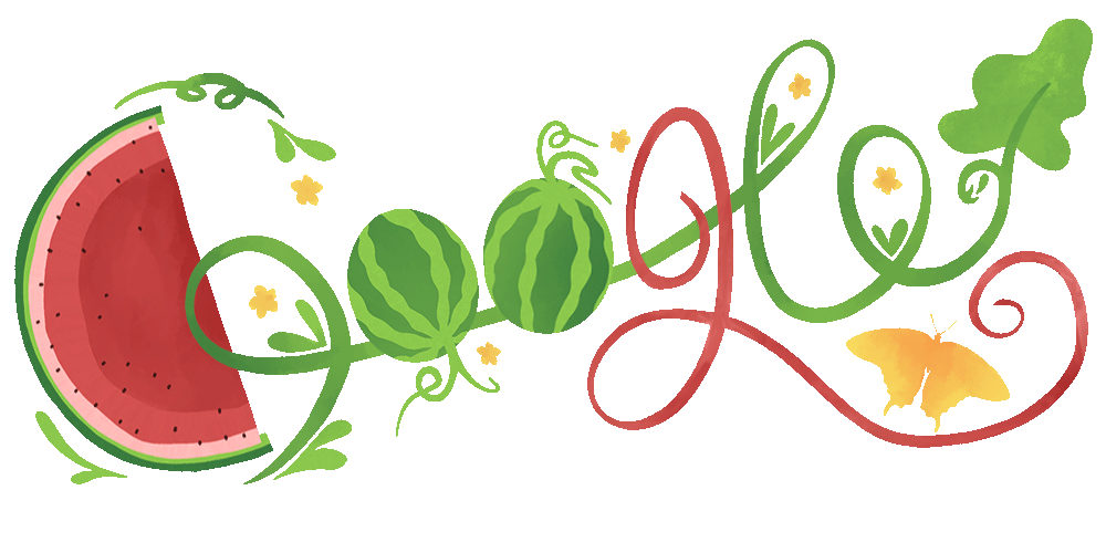 Illustration of a slice of watermelon, two small watermelons, a yellow butterfly, and swirling decorative elements against a green background.