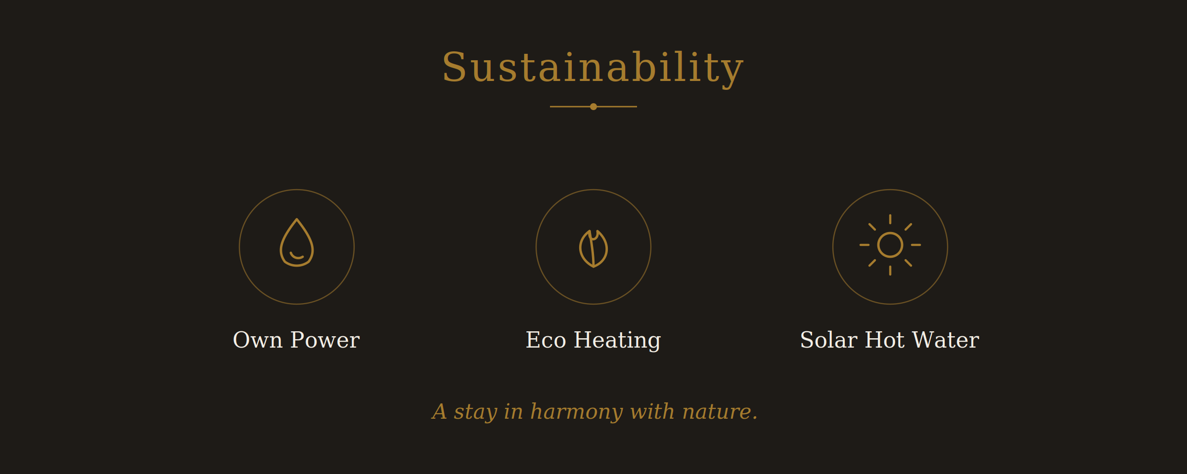 Abschnitt über Nachhaltigkeit mit Symbolen für Eigenenergie, eco Heizung und Solar Warmwasser, darunter der Satz "Ein Leben im Einklang mit der Natur".