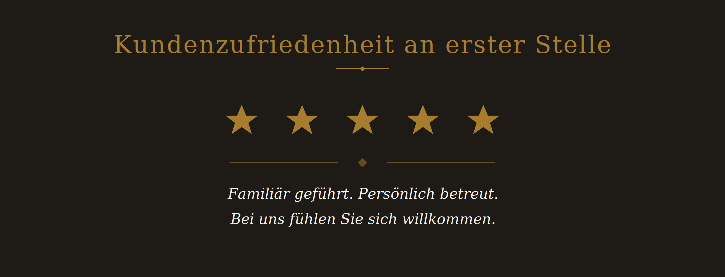 Grafik mit der Überschrift 'Kundenzufriedenheit an erster Stelle' und fünf goldenen Sternen darunter. Text darunter: 'Familiär geführt. Persönlich betreut. Bei uns fühlen Sie sich willkommen.'