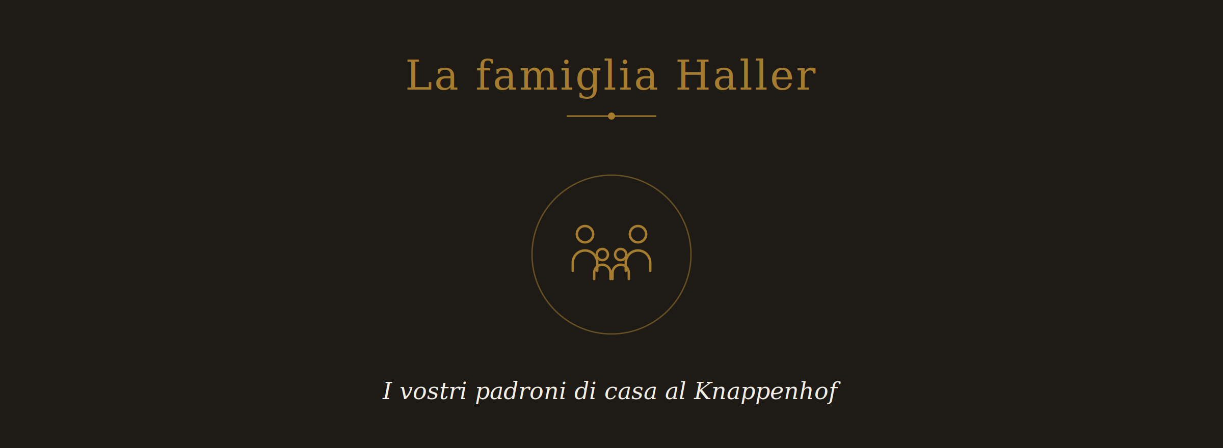 Titelbild mit schwarzem Hintergrund, goldener Schrift: "La famiglia Haller" und einem goldenen Icon einer Familie, darunter in kursiver Schrift: "I vostri padroni di casa al Knappenhof".