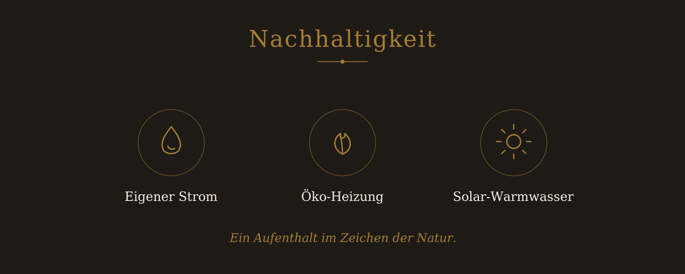 Grafik zum Thema Nachhaltigkeit mit Symbolen für eigenen Strom, Öko-Heizung und Solar-Warmwasser, darunter der Text 'Ein Aufenthalt im Zeichen der Natur'.