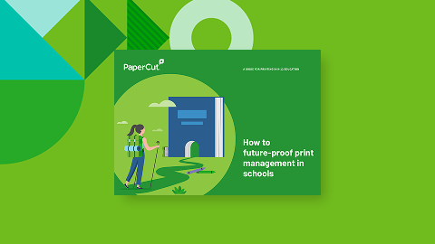 Portada de un documento titulado "Cómo garantizar la gestión de la impresión en las escuelas para el futuro" con la marca PaperCut, que presenta una ilustración de una mujer caminando hacia un libro grande en una zona verde.