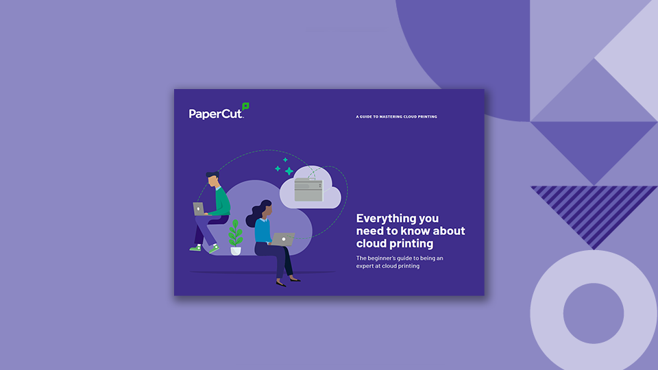 Portada de una guía titulada 'Todo lo que necesita saber sobre la impresión en la nube' con ilustraciones de dos personas usando computadoras portátiles, una nube con un ícono de impresora y una bandeja de papel, sobre un fondo violeta.