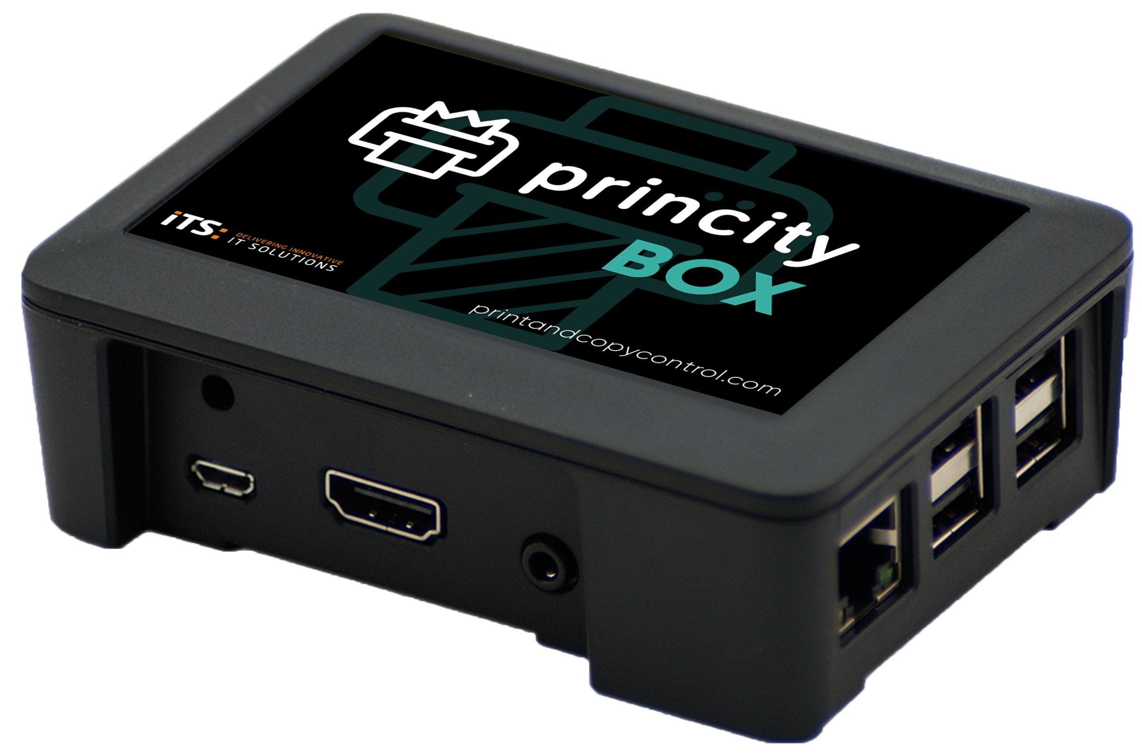 Dispositivo electrónico negro denominado "princity BOX" con múltiples puertos USB, un puerto micro USB, un puerto HDMI y un puerto Ethernet.
