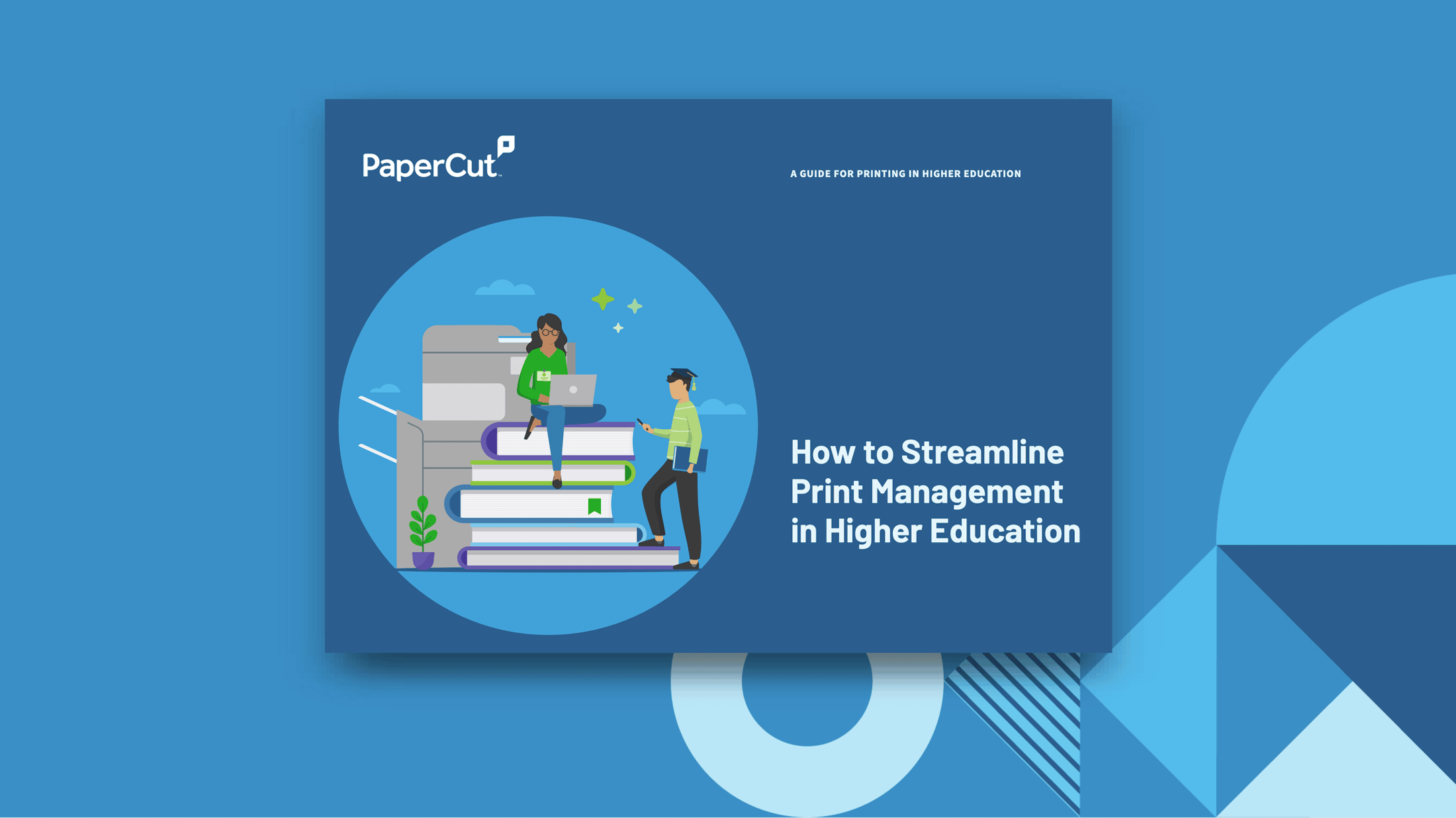 Portada de una guía titulada "Cómo optimizar la gestión de la impresión en la educación superior" de PaperCut, que presenta una ilustración de dos estudiantes sentados sobre libros grandes con una impresora en el fondo.