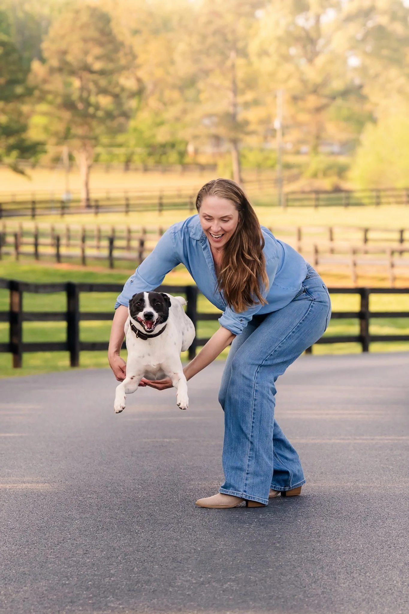 Woman in denim laughing while her black and white Jack Russell mix dog leaps through her arms on a farm driveway with four-board fencing behind her during pet photography session in Canton Georgia