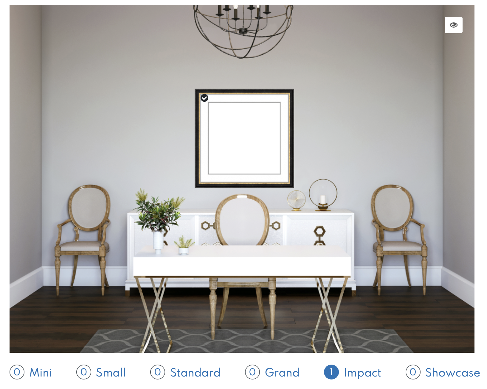 Correctly scaled square impact size wall art displayed in a feminine styled office.