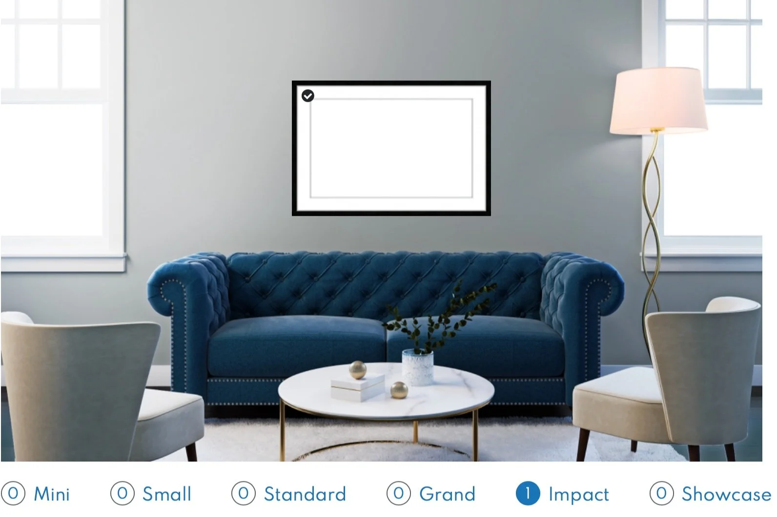 Correctly scaled impact sized wall art displayed over a blue tufted couch.