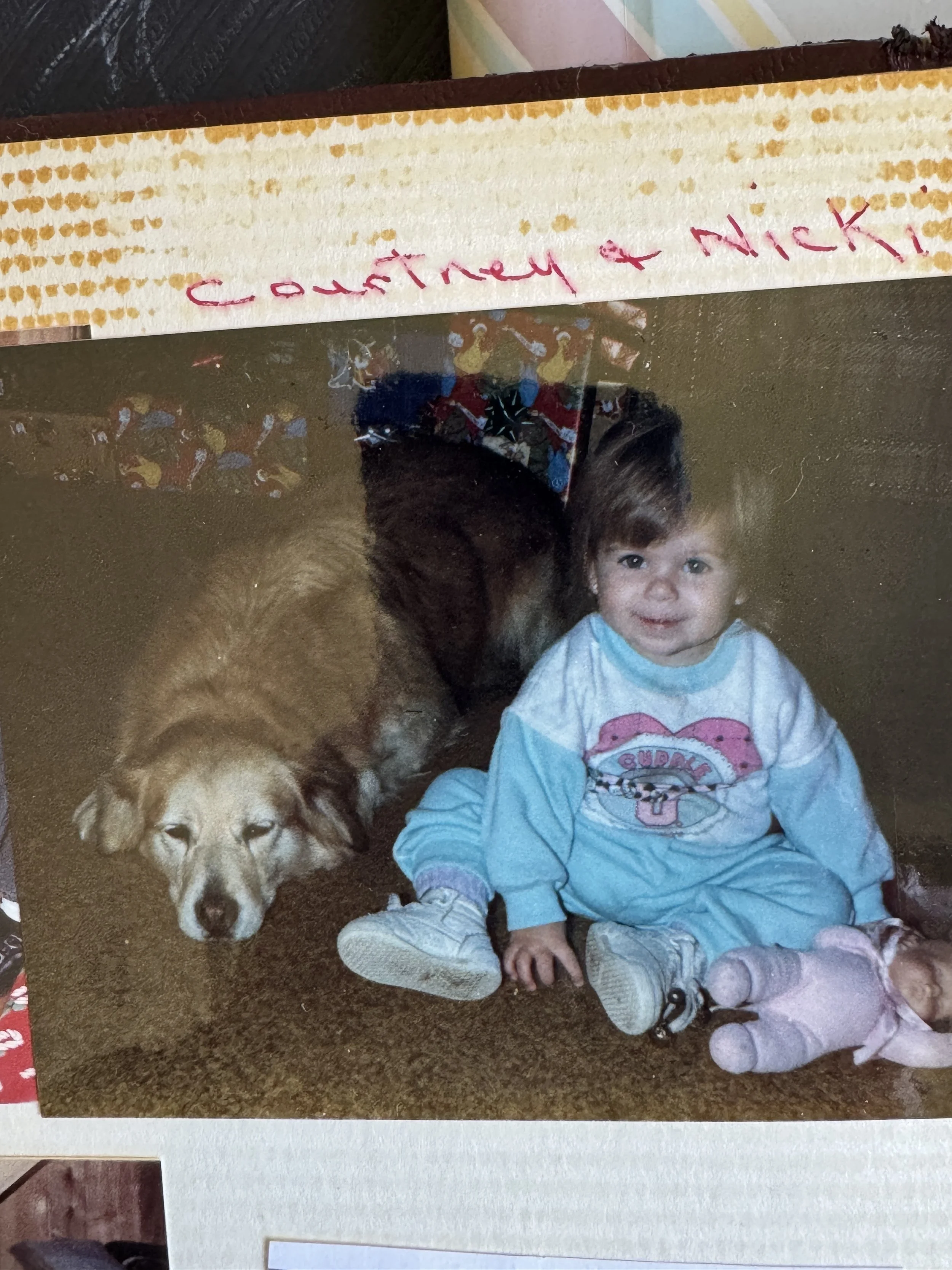 A golden retriever mix lays on shag brown carpet next to a little girl in an 80's sweat suit with gifts behind them.