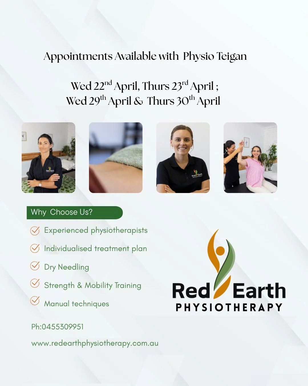 ✨ Appointments available with Teigan this month ✨

We&rsquo;re lucky to have our experienced senior physio back in clinic this month! With a wealth of knowledge and a passion for helping you move and feel your best!

📅 Available appointments:
&bull;