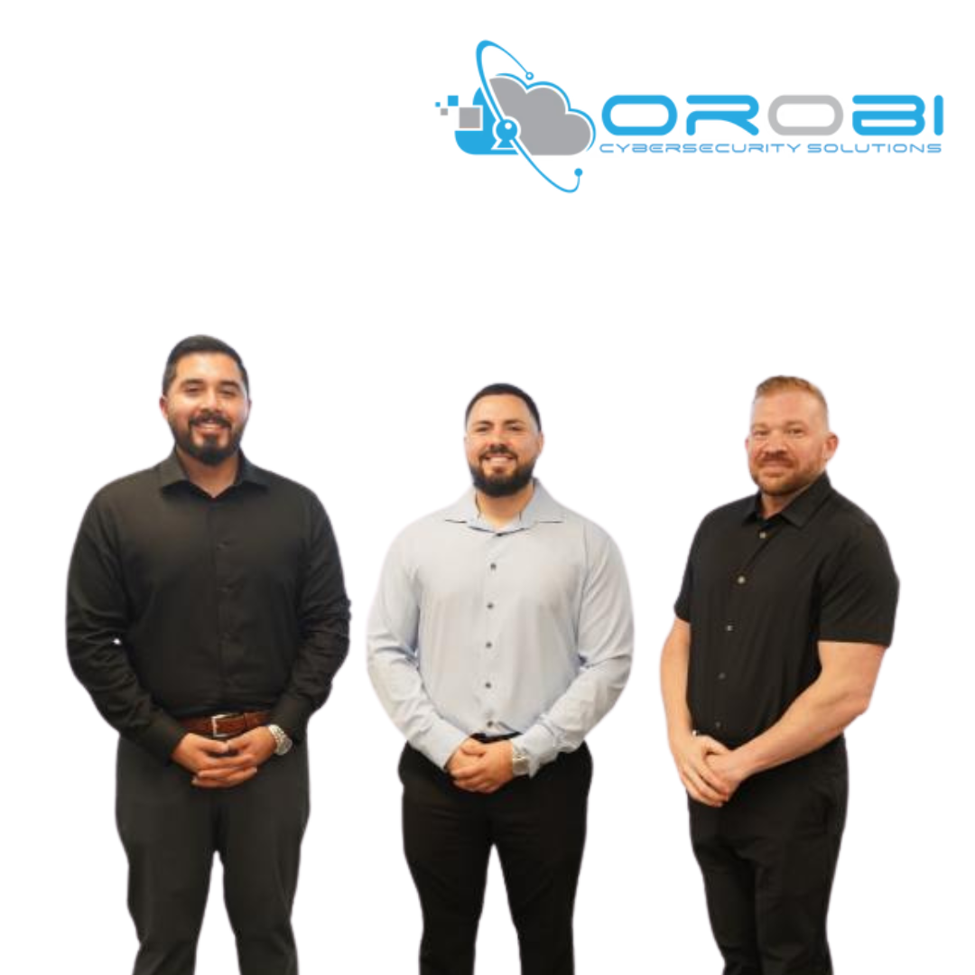 Three men in business attire standing in front of a white background with a logo that says 'OROBI Cybersecurity Solutions' and has a cloud and technological graphics.