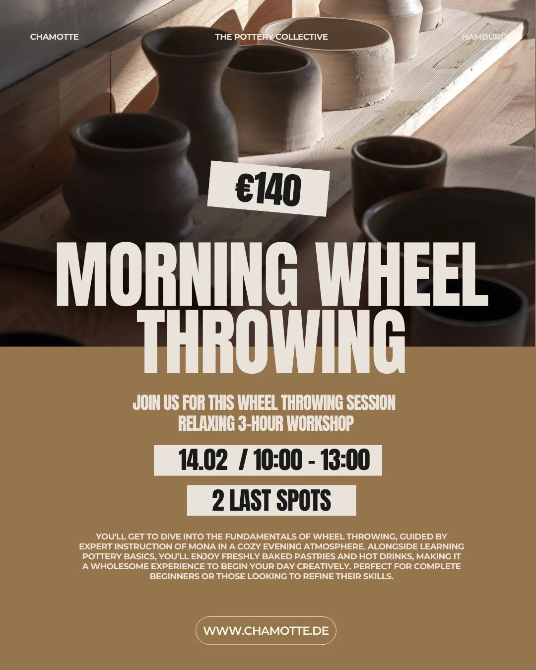 Only 2 spots left &ndash; a perfect Valentine&rsquo;s Day idea.

Start your Saturday slow, cozy, and creative with Morning Wheel Throwing on 14.02, 10:00&ndash;13:00.

Looking for an evening option instead?
We still have places for Clay &amp; Wine on