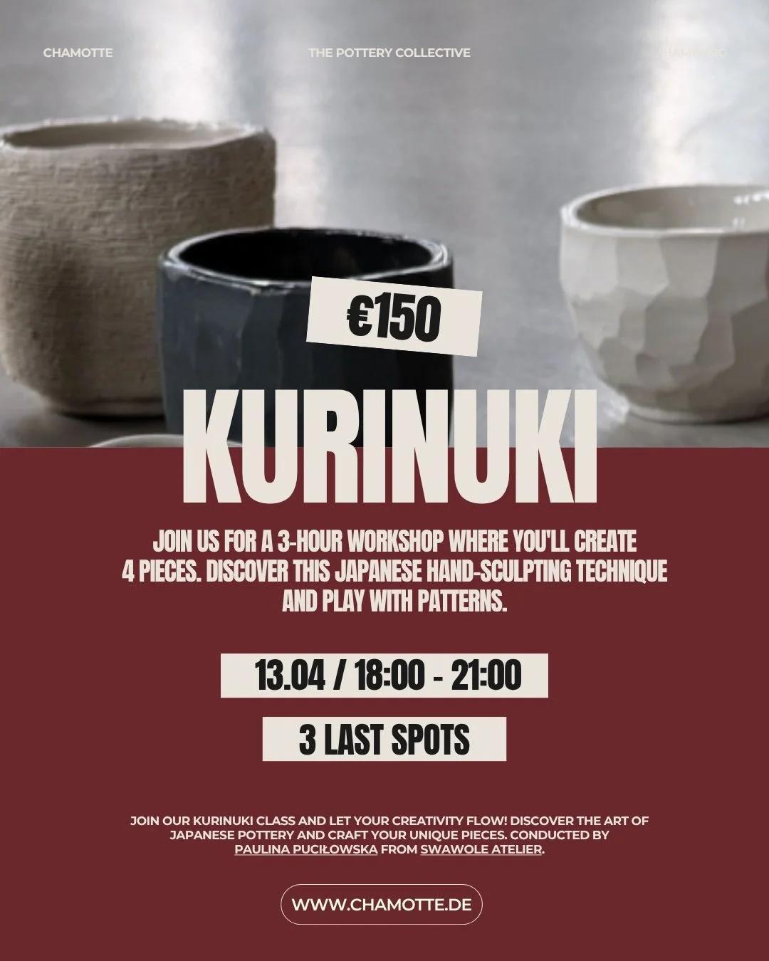 Next up, one of our most popular pottery classes: Kurinuki &amp; Scraffito workshop.

Hosted by Paulina from @swawole.atelier, organised in our charming cloud room for a relaxed and focused atmosphere on that April Tuesday evening.

Join us to discov