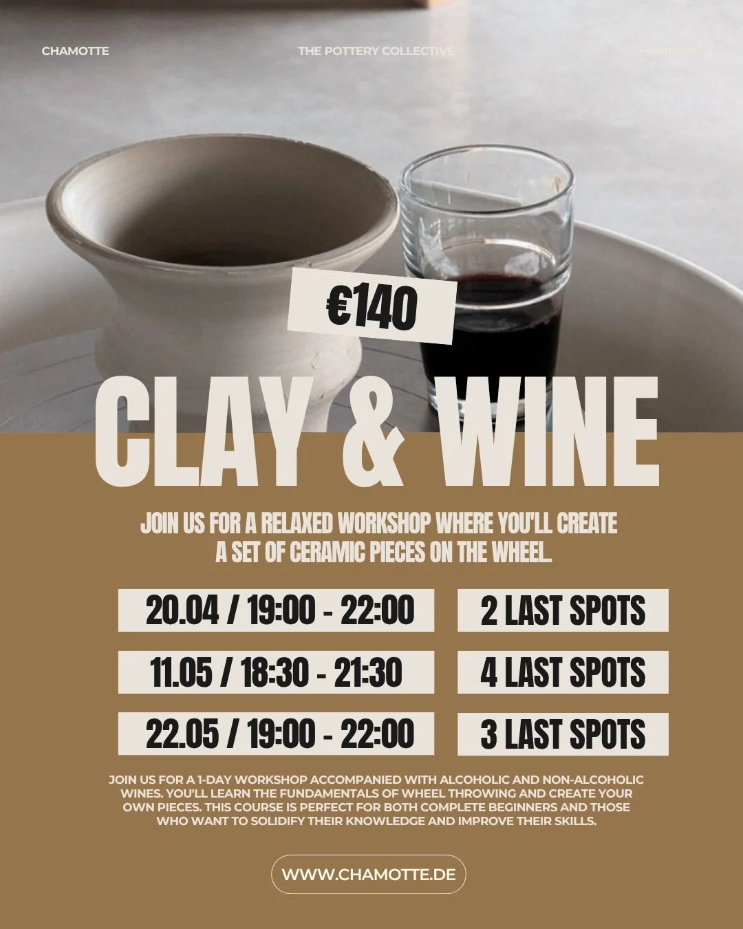 Picture this: candlelight, cosy music, a gentle hum of the spinning wheel, a glass of a nice treat on the table. You throw a ball of fresh clay on the wheel and gently start forming it into your concept mug.

New Clay&amp;Wine Workshop dates are here