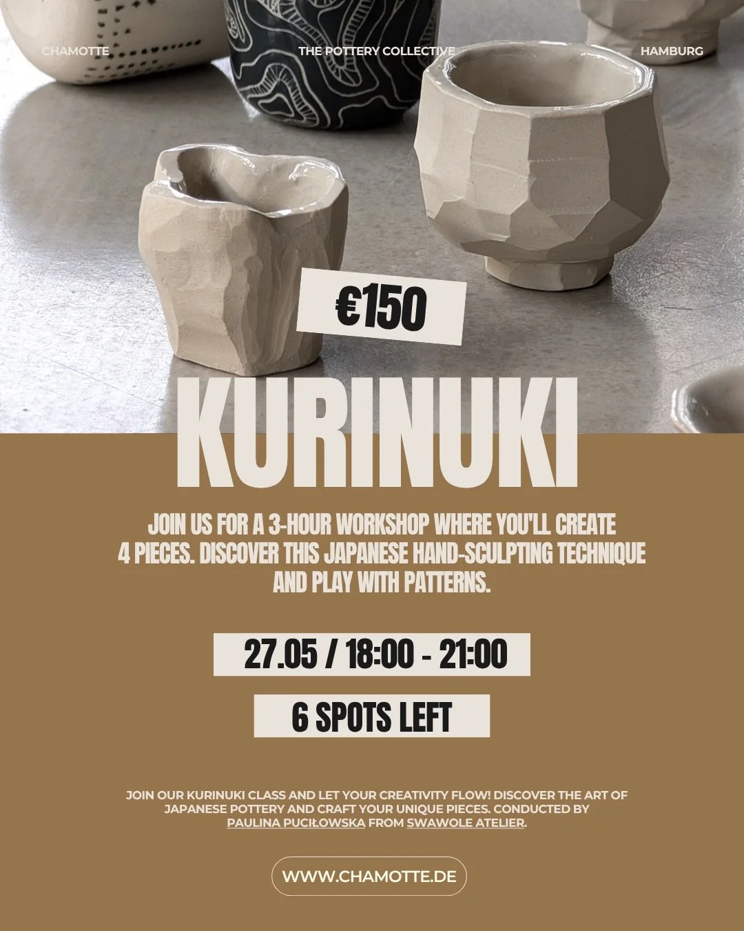 New Date for one of our most favourite, relaxing and medidative pottery workshop: Kurinuki &amp; Scraffito class.

Three hours of pure concentration, fun creativity and laid back, slow and manual productivity.

Create up to 4 pieces by carving, scrap