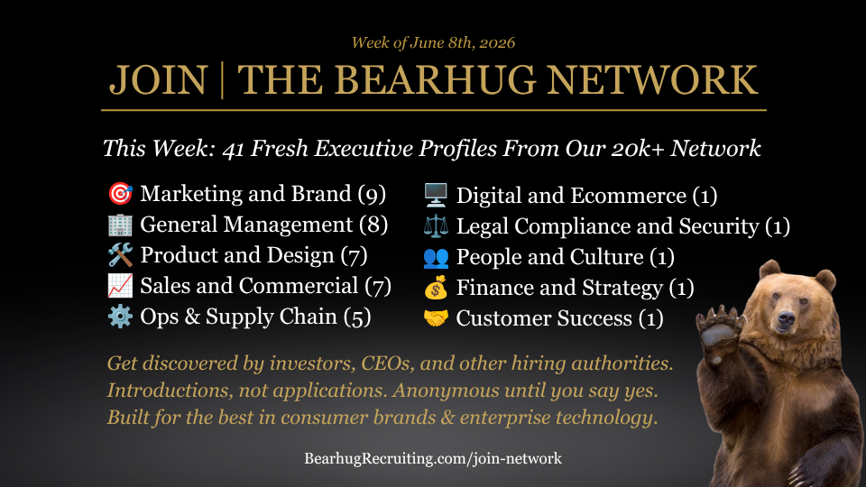 41 Senior Executives Featured This Week From the Hundreds Who Went Live on the Bearhug Network, Spanning Brand, Product, Sales, Operations, and the GM Layer Where Most Executive Searches Get Stuck