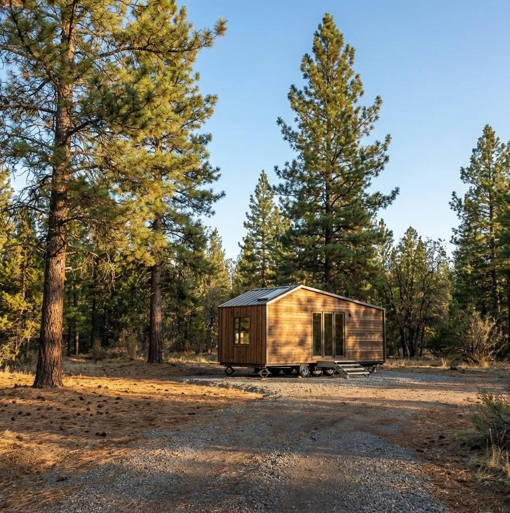 A small codex tiny house on wheels situated among tall pine trees in a forested area with clear blue sky.