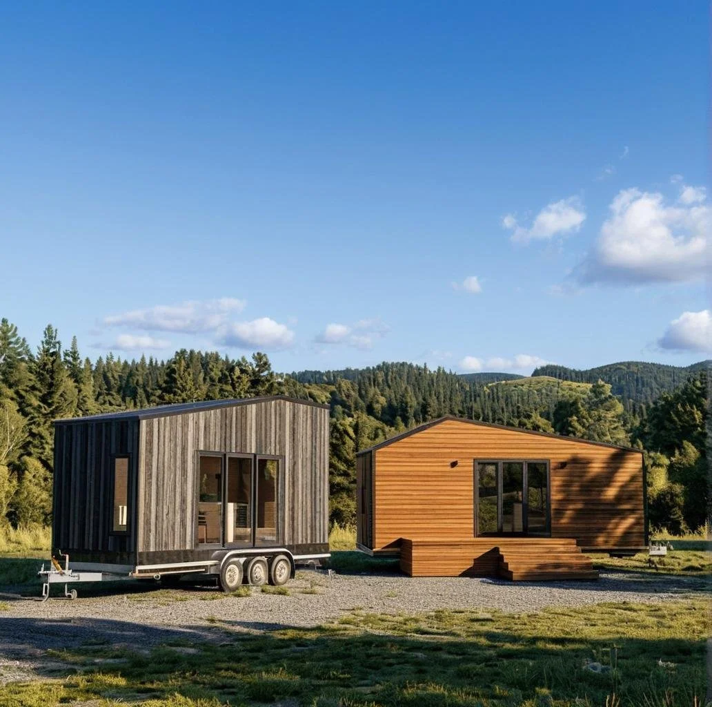 Two codex tiny houses, one with dark wooden siding and the other with lighter wooden siding, are situated on a gravel area with green grass. Behind them are hills covered with trees and a clear blue sky with scattered clouds.