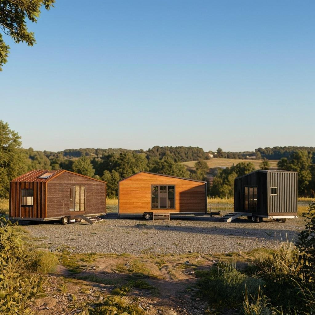 Three codex tiny houses on trailers parked on gravel, with a scenic rural landscape and trees in the background under a clear blue sky.