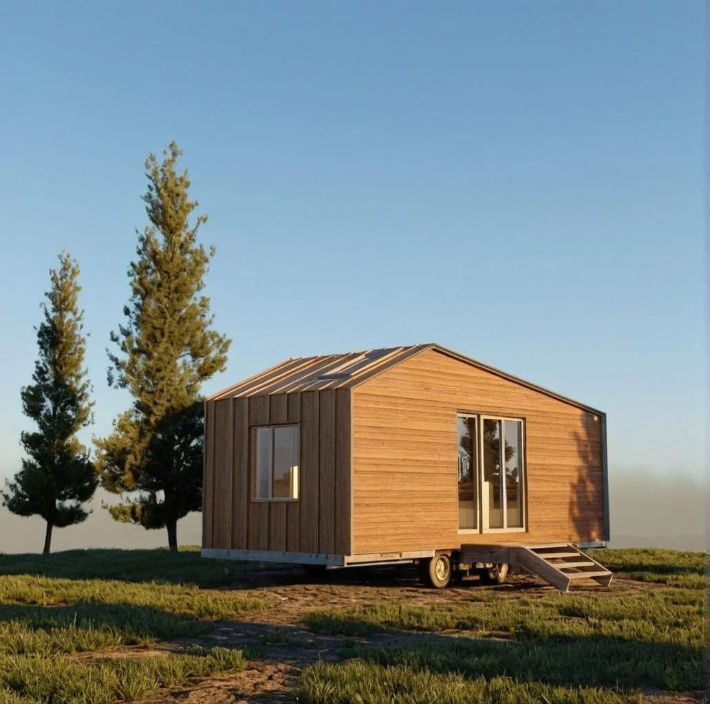A small codex wooden house on wheels with a ramp, set on a grassy area under a clear blue sky, with two tall trees in the background.