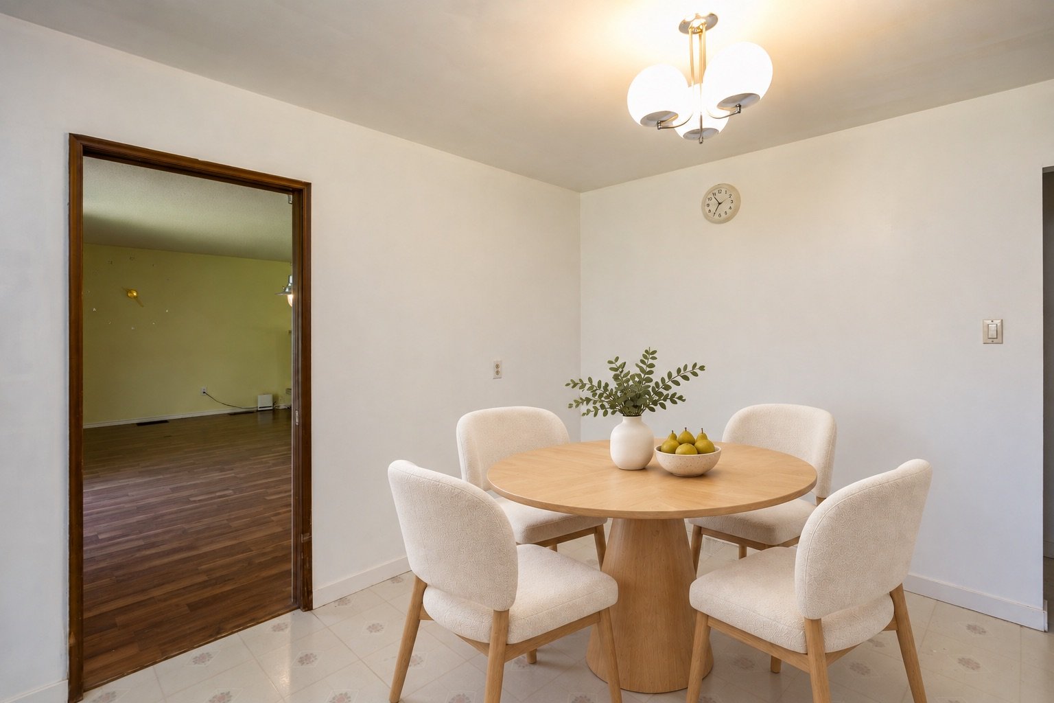 Pale oak dining nook under chandelier.jpeg