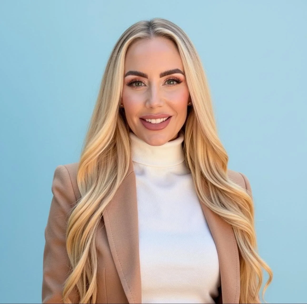 A woman with long, wavy blonde hair wearing a blue and white striped button-up shirt, smiling and looking to her left.