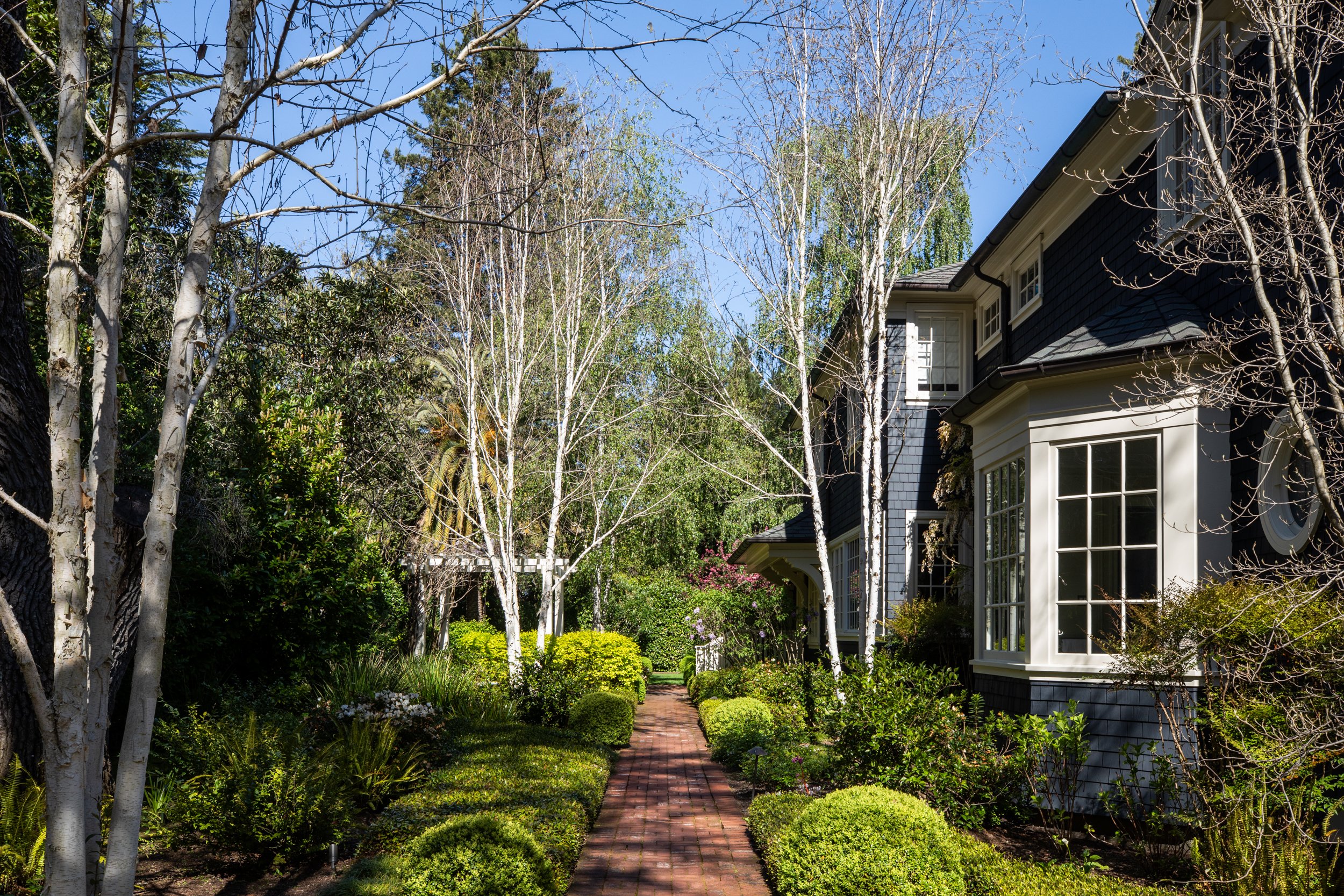 A garden pathway with brick pavers leading to a house with large windows. There are bare trees and lush green bushes and plants on either side of the path, under a bright blue sky.