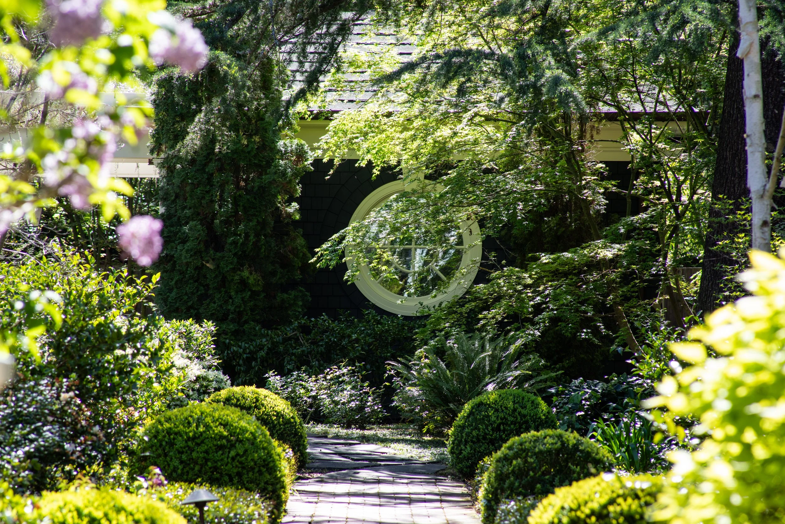 A lush garden with a stone pathway surrounded by green bushes, trees, and flowering plants, with sunlight filtering through the leaves and a house partially visible in the background.