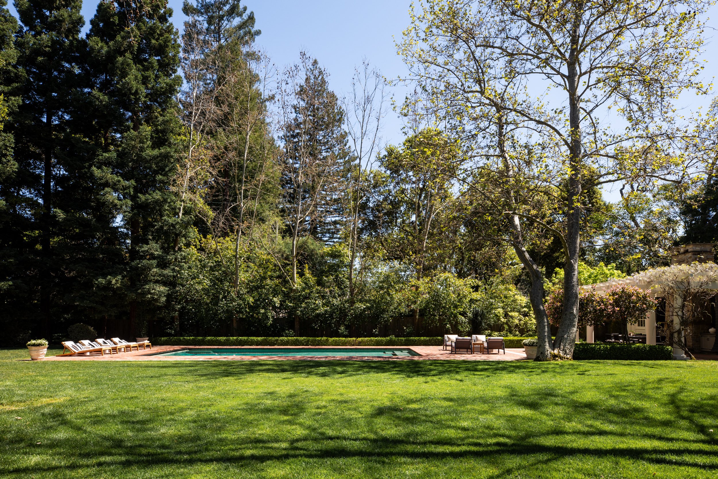 A backyard with a grassy lawn, a swimming pool with a brick border, and outdoor furniture including lounge chairs and tables. Tall trees with green leaves and some without leaves line the background, under a clear blue sky.