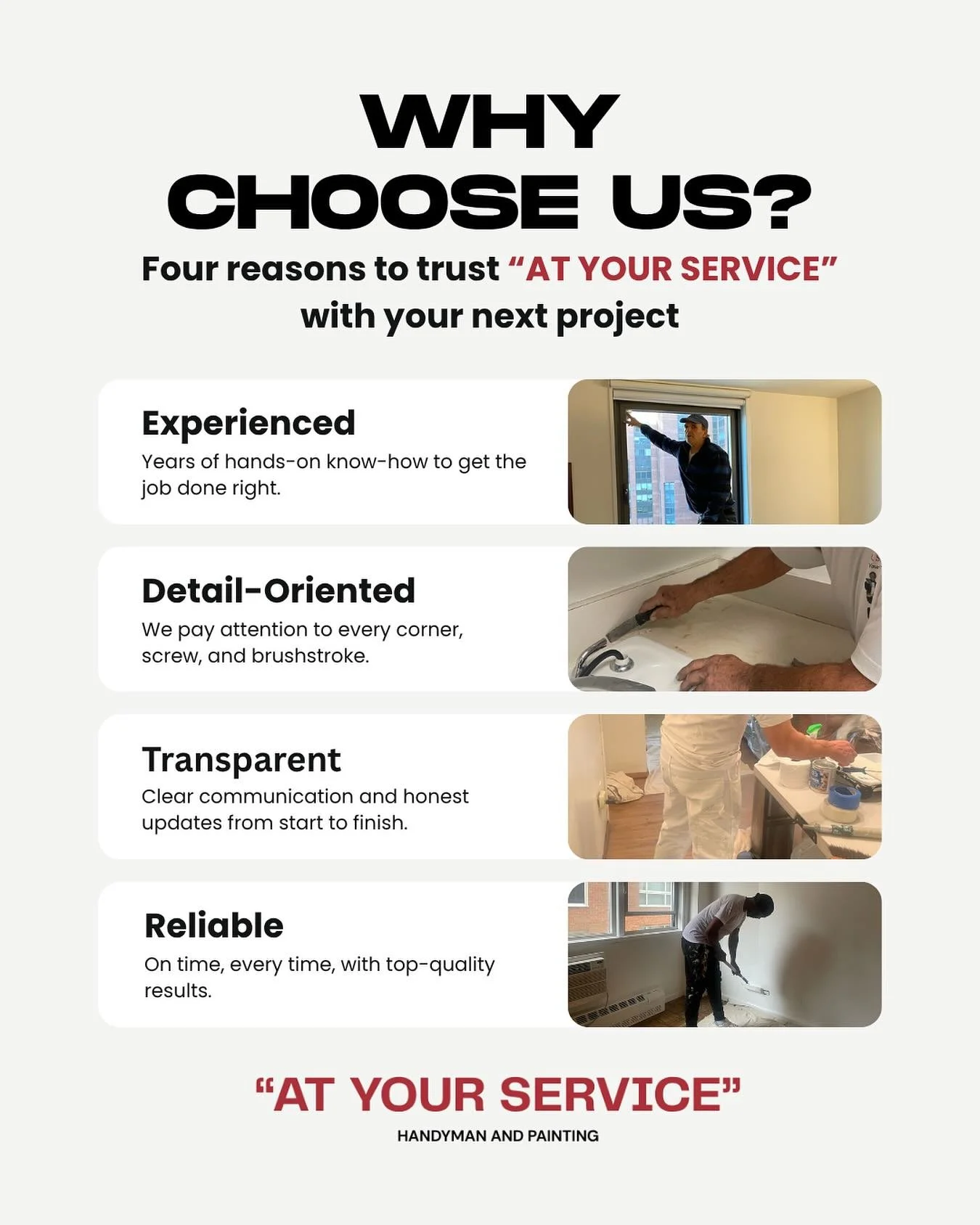 From quick fixes to detailed makeovers, “AT YOUR SERVICE” brings experience, attention to detail, clear communication, and reliability to every job.
#ATYOURSERVICE #NYCHandyman #HomeRepairs #FurnitureAssembly #SmallJobSpecialist #Suppor